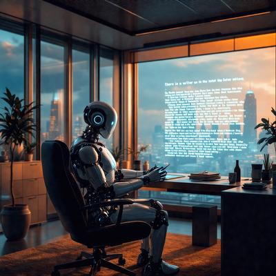 The primary subject of the image is a robot sitting at a desk in a room. The robot is positioned in a chair, and it appears to be working on a computer. The setting includes a dining table with a bowl and a bottle on it. The visual style of the image is a combination of photo and digital art, creating a futuristic and technological atmosphere. The colors and mood of the image are predominantly dark, with a focus on the robot and its surroundings.